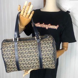 FENDI Zucca Boston Navy Blue Leather Grey Canvas Tote Carry-On Bag Speedy 30 EUC